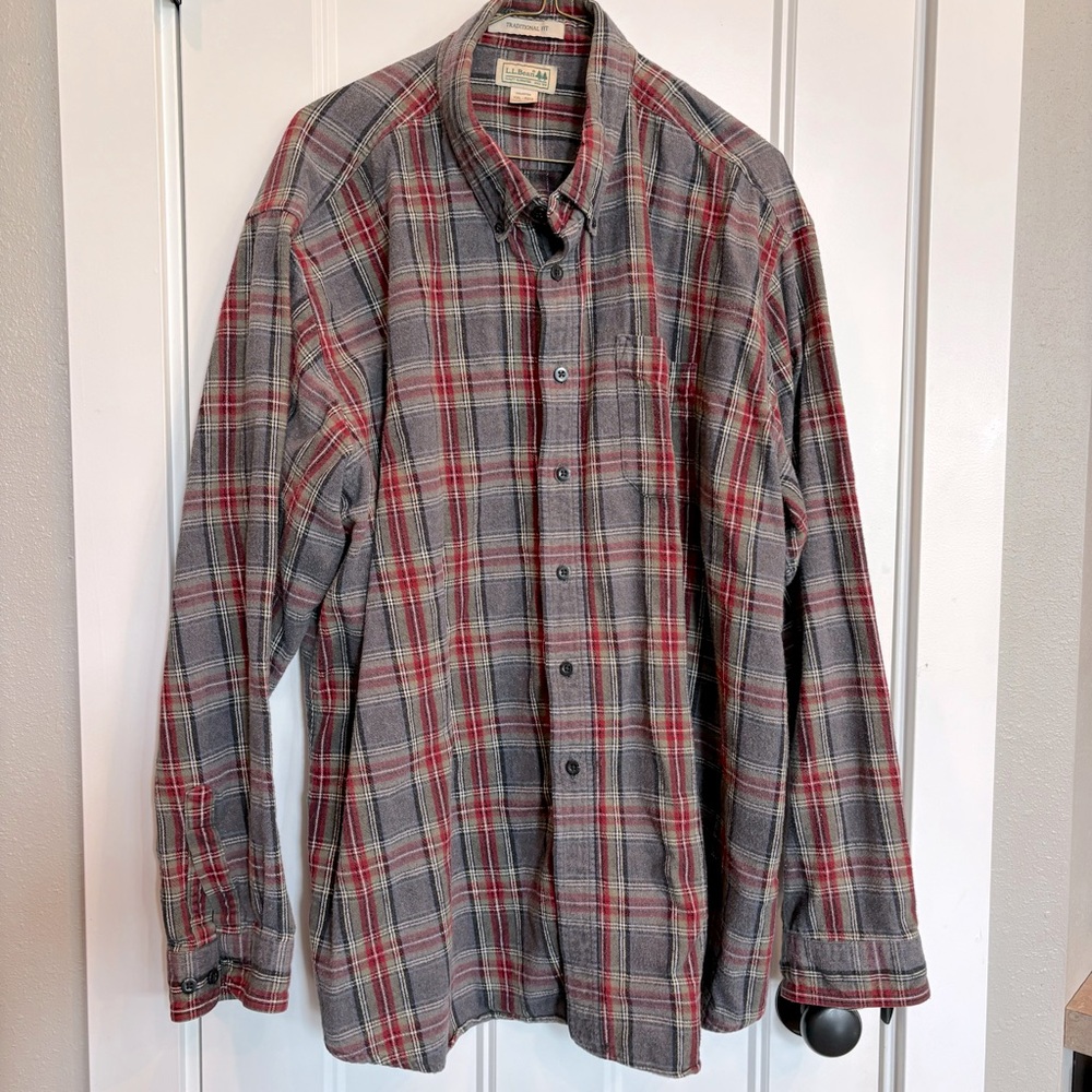L.L. Bean Men's Plaid Shirt - Gray and Red - SIZE XXL REGULAR